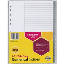 DIVIDERS A4 POLYPROPYLENE TAB  INDEX 1-31 GREY 