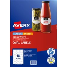 LABEL AVERY 980000 L7102 LASER / INKJET LABELS PRINT-TO-THE-EDGE 18UP 18 PER SHEET OVAL WHITE GLOSSY 180PK