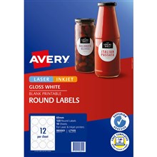 LABEL AVERY 980001 L7105 LASER / INKJET LABELS PRINT-TO-THE-EDGE 12UP 12 PER SHEET ROUND 60MM GLOSSY WHITE 120PK