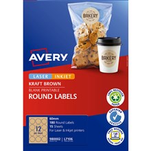 LABEL AVERY 980002 L7106 LASER / INKJET LABELS PRINT-TO-THE-EDGE ROUND 12UP 12 PER SHEET KRAFT BROWN 180PK