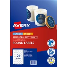 LABEL AVERY 910007 L7129 REMOVEABLE BLANK PRINTABLE LABELS ROUND LASER/INKJET 24UP 40MM MATTE WHITE 192PK