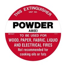 SIGN ' THIS FIRE EXTINGUISHER POWDER AB(E) 200MM DIAMETER RED BACKGROUND WITH BLACK & WHITE WRITING POLY